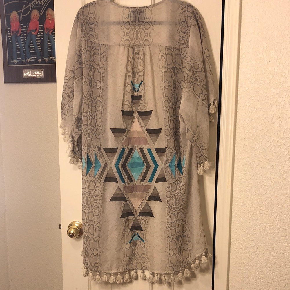 Judith March Santa Fe style embroidery with tassels sheer duster/poolside robe - Picture 8 of 11